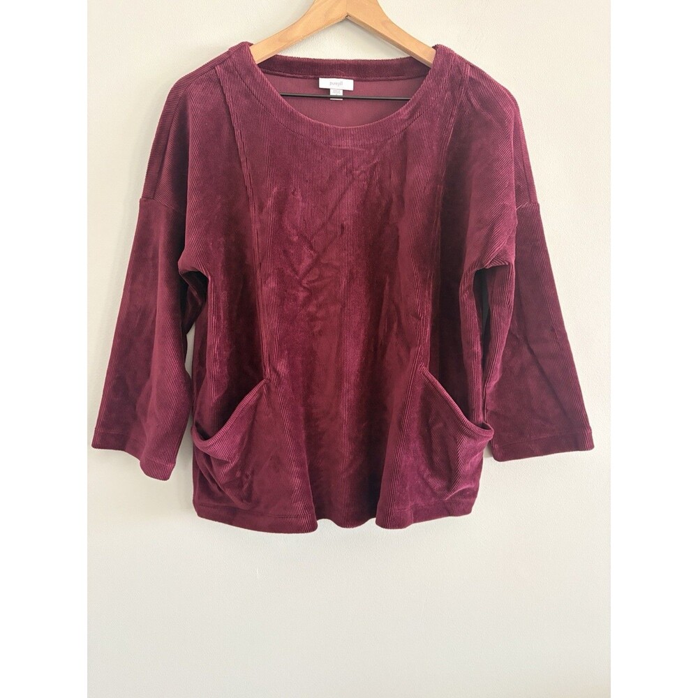 Pure Jill Two Pocket Soft Ribbed Top Size Medium Petite Burgundy 3/4 Sleeve